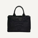 Prada Canapa Black Canvas Embossed Lettering Logo Fabric Tote Handbag