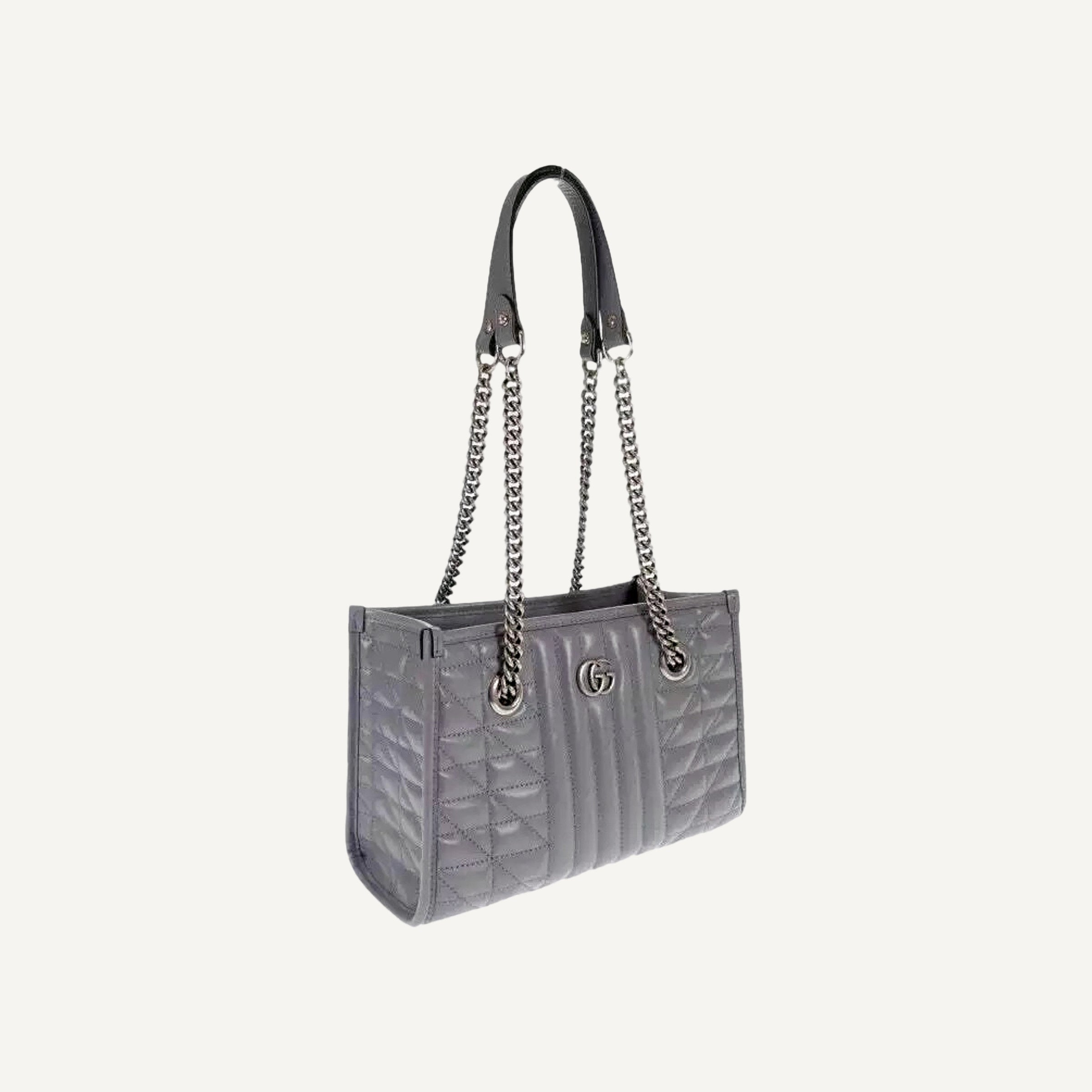 Gucci GG Marmont Silver Gray Leather Medium Chain Shoulder Tote Bag