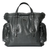 Gucci Gray Leather Tonal Double G Logo Drawstring Tote Bag