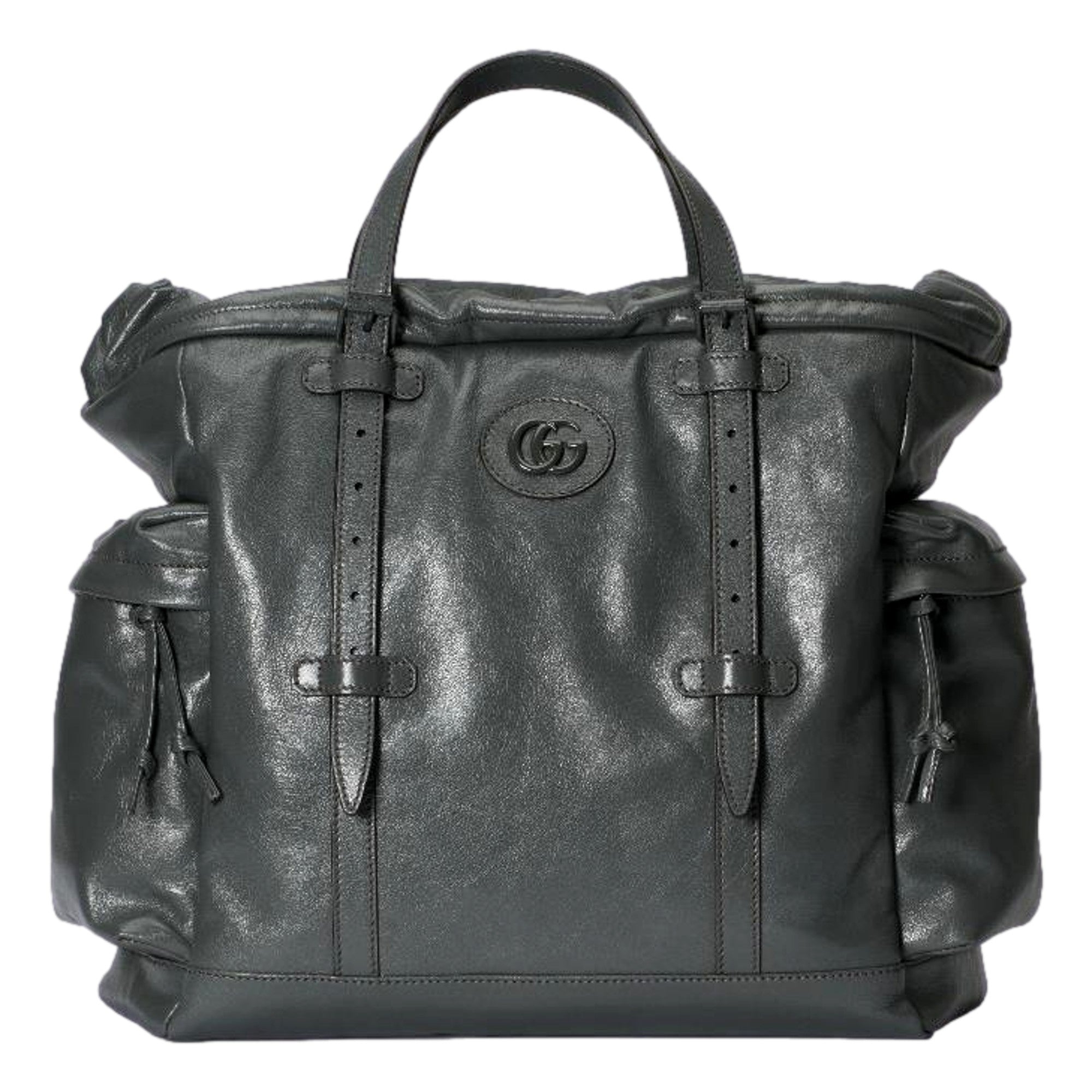 Gucci Gray Leather Tonal Double G Logo Drawstring Tote Bag