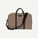 Gucci Large GG Logo Beige Canvas Brown Leather Strap Duffle Bag