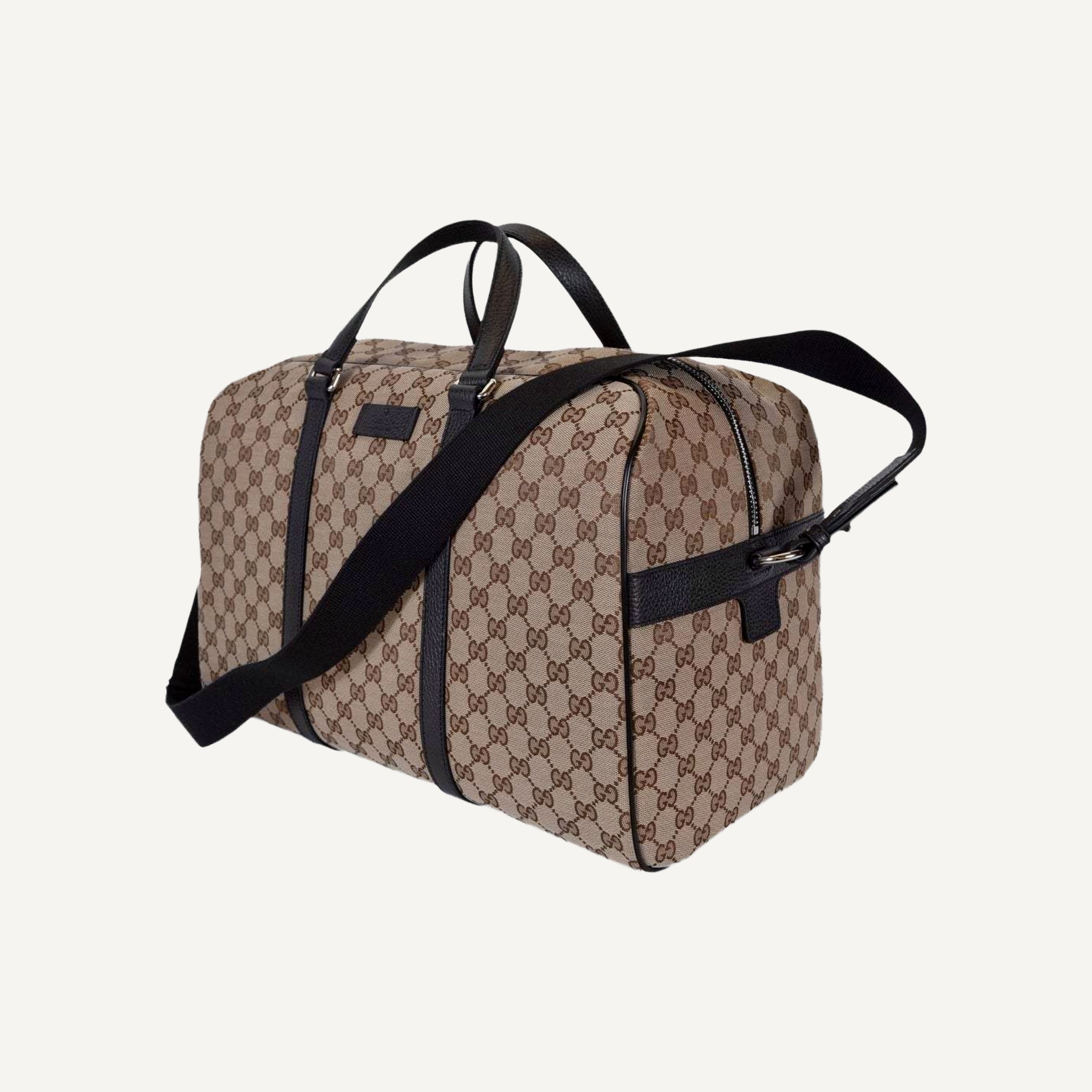 Gucci Large GG Logo Beige Canvas Brown Leather Strap Duffle Bag