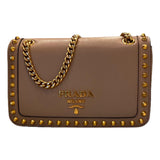 Prada Pattina Glace Calf Leather Cammeo Beige Gold Studded Handbag