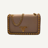 Prada Pattina Glace Calf Leather Cammeo Beige Gold Studded Handbag