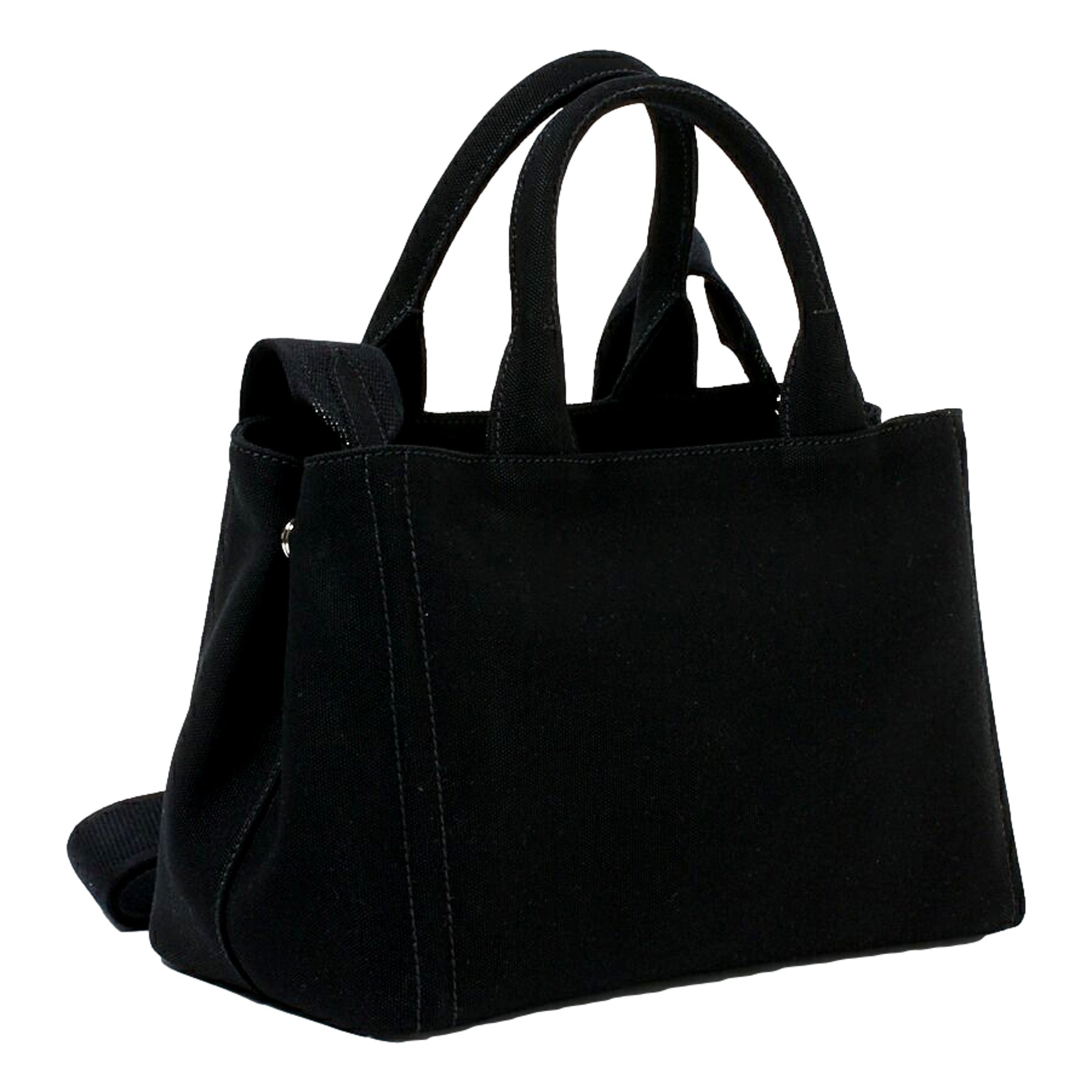 Prada Canapa Black Canvas Embossed Lettering Logo Fabric Tote Handbag