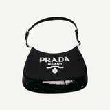 Prada Cleo Black and White Sequin Milano Logo Mini Leather Shoulder Bag