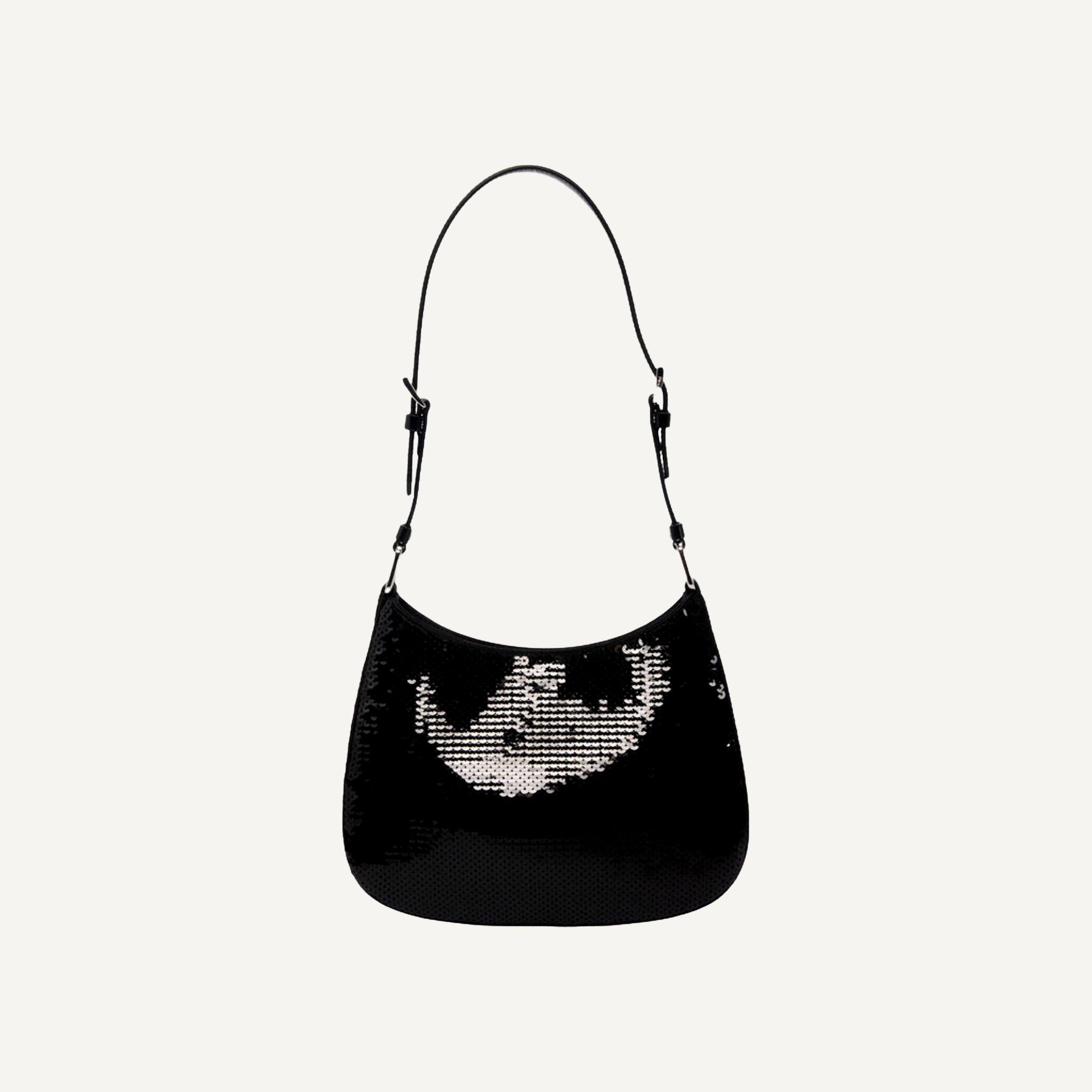 Prada Cleo Black and White Sequin Milano Logo Mini Leather Shoulder Bag