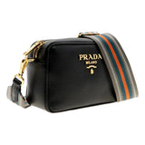 Prada Milano Web Stripe Strap Vitello Phenix Nero Leather Crossbody Bag