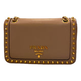 Prada Pattina Glace Calf Leather Cammeo Beige Gold Studded Handbag