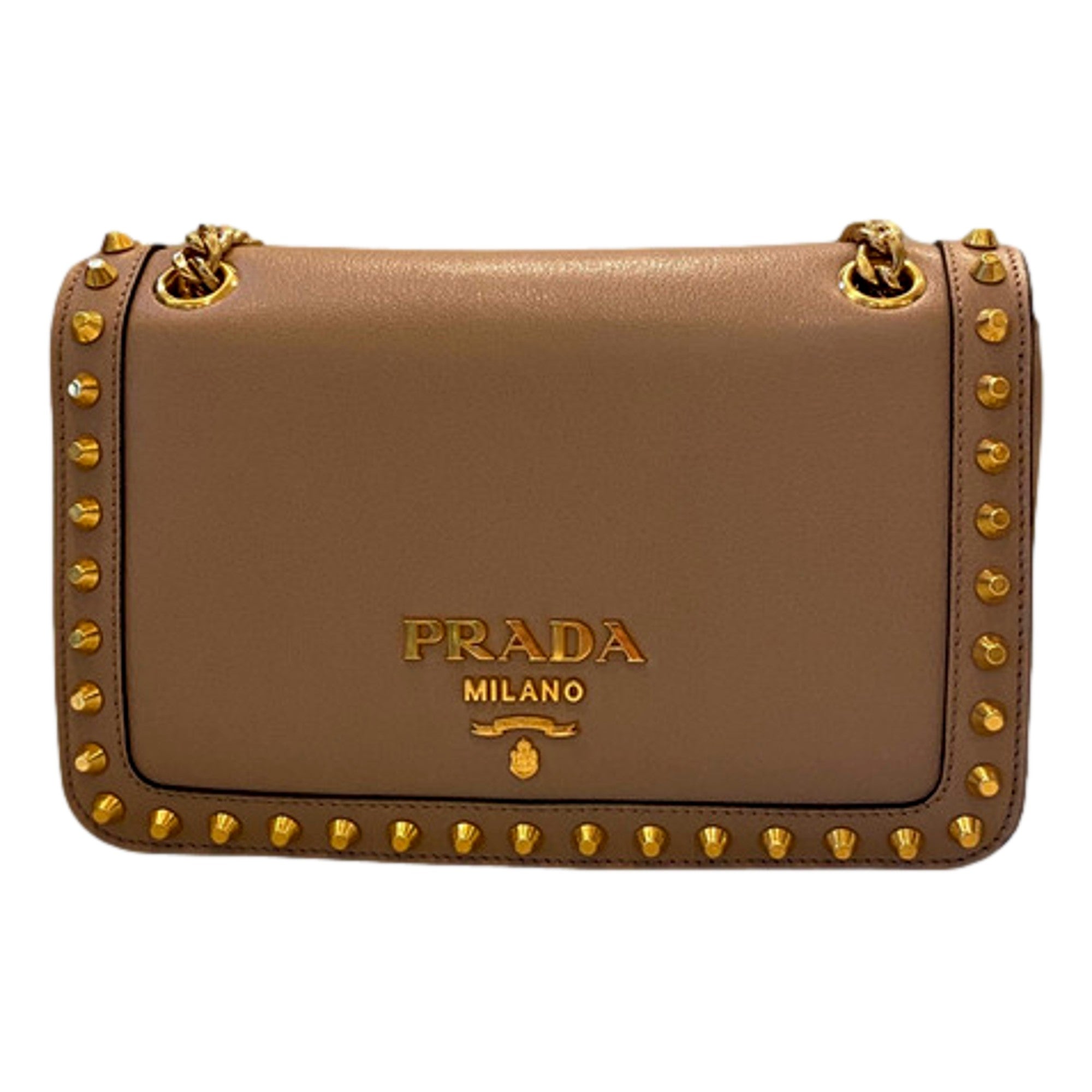 Prada Pattina Glace Calf Leather Cammeo Beige Gold Studded Handbag