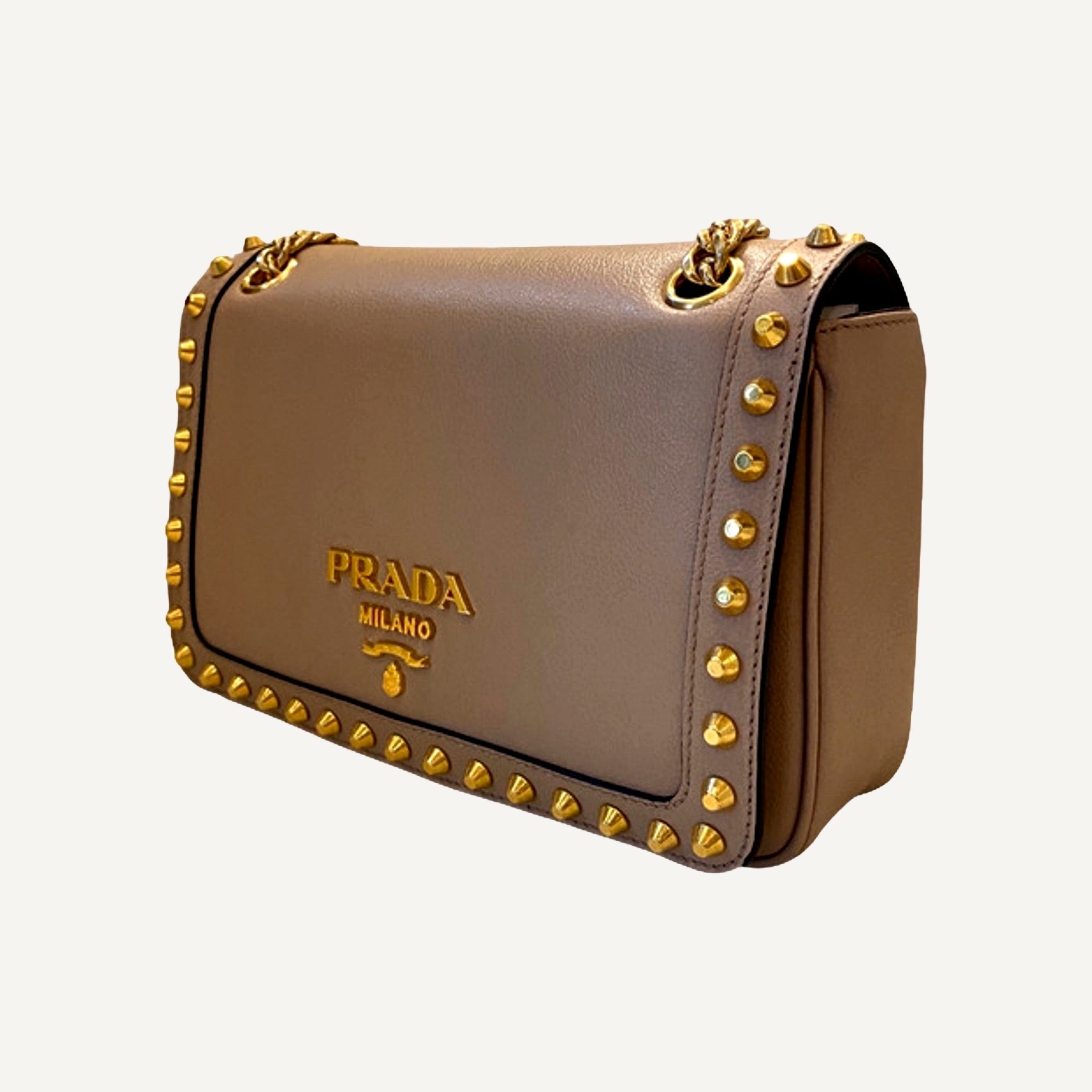 Prada Pattina Glace Calf Leather Cammeo Beige Gold Studded Handbag