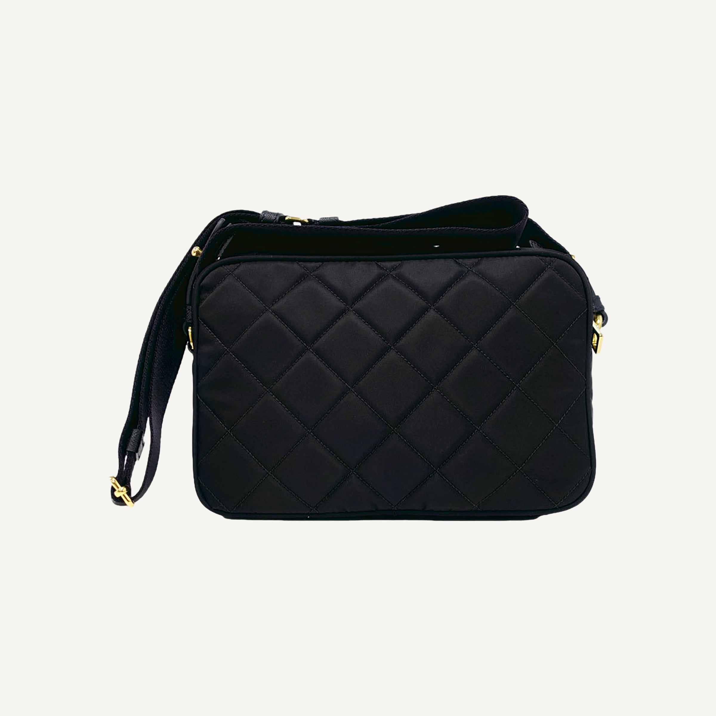 Prada Tessuto Black Quilted Nylon Triangle Logo Camera Crossbody Bag