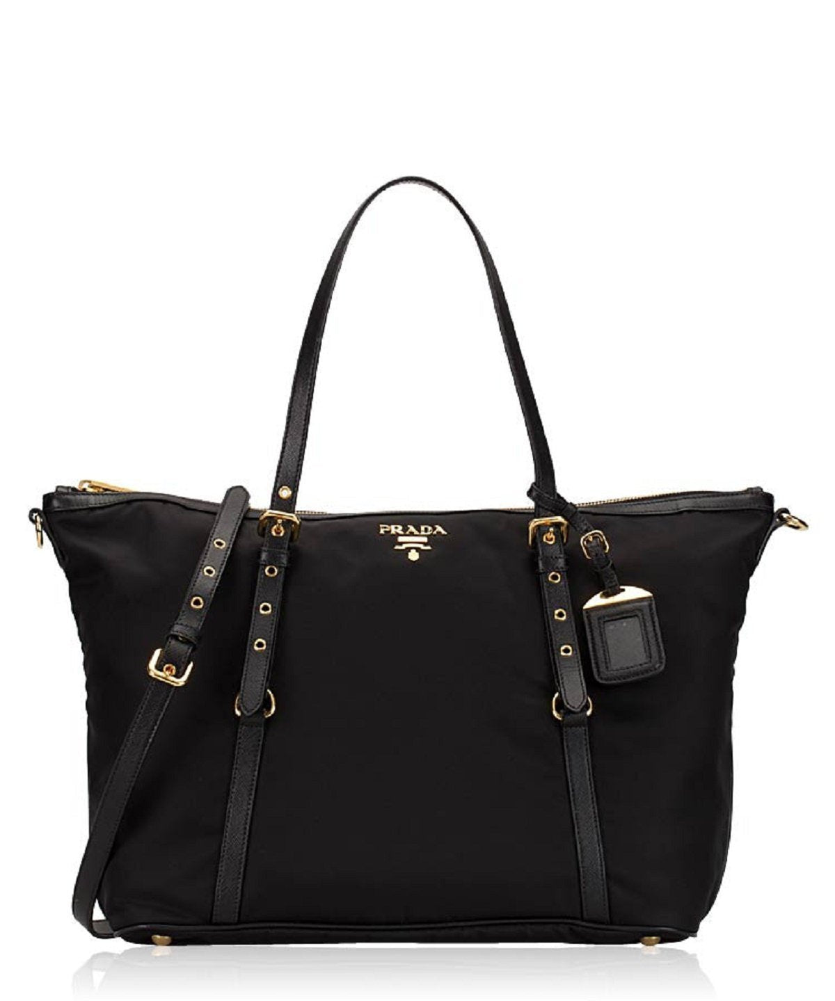 Prada Tessuto Nylon Saffiano Leather Black Top Zip Tote Bag
