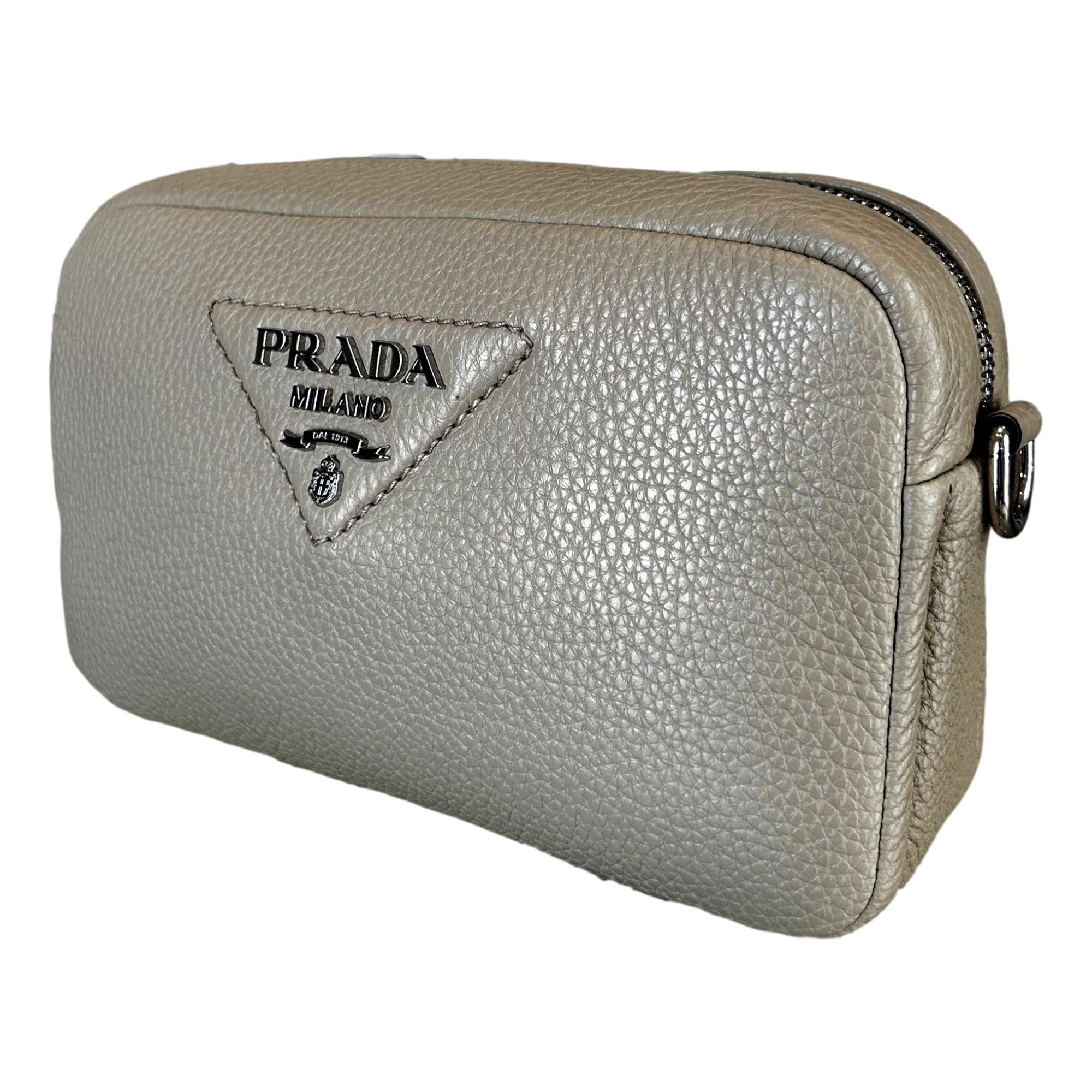Prada Vitello Daino Leather Sabbia Beige Web Strap Camera Crossbody Bag