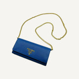 Prada Vitello Move Cobalto Blue Leather Chain Crossbody Wallet Clutch Bag