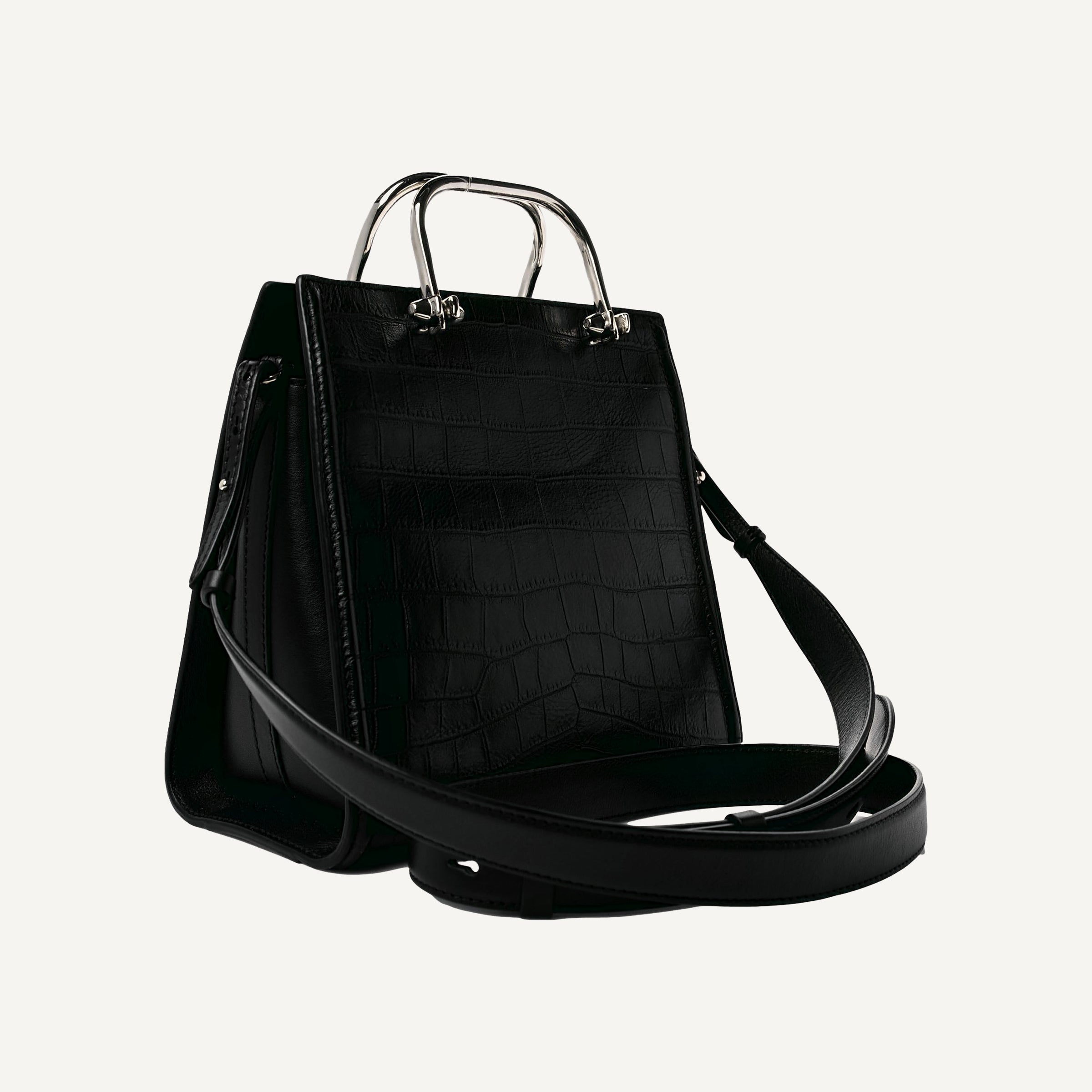 Alexander McQueen The Short Story Black Croc Print Leather Satchel Bag
