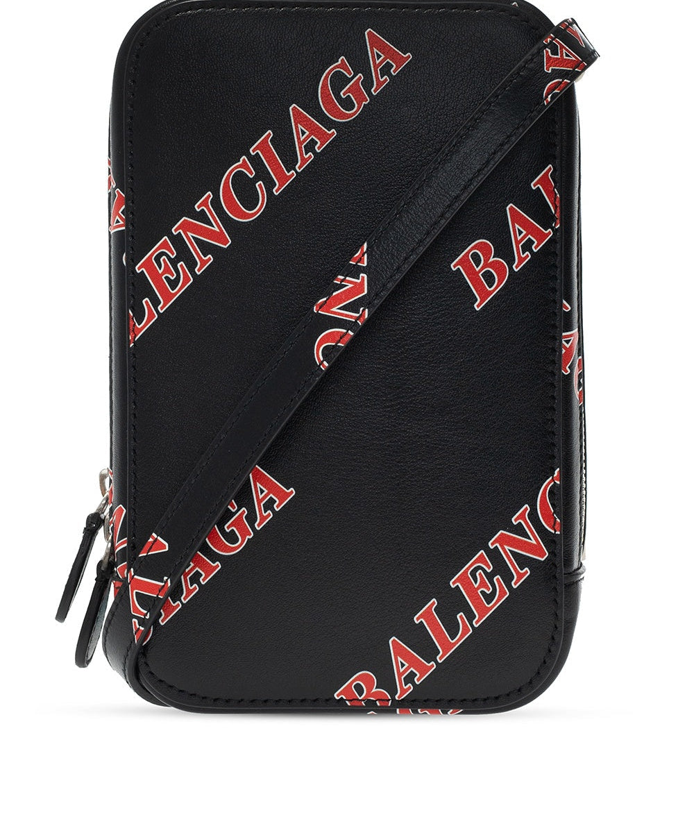 Balenciaga Black Calfskin Leather Sport Print Phone Holder Bag