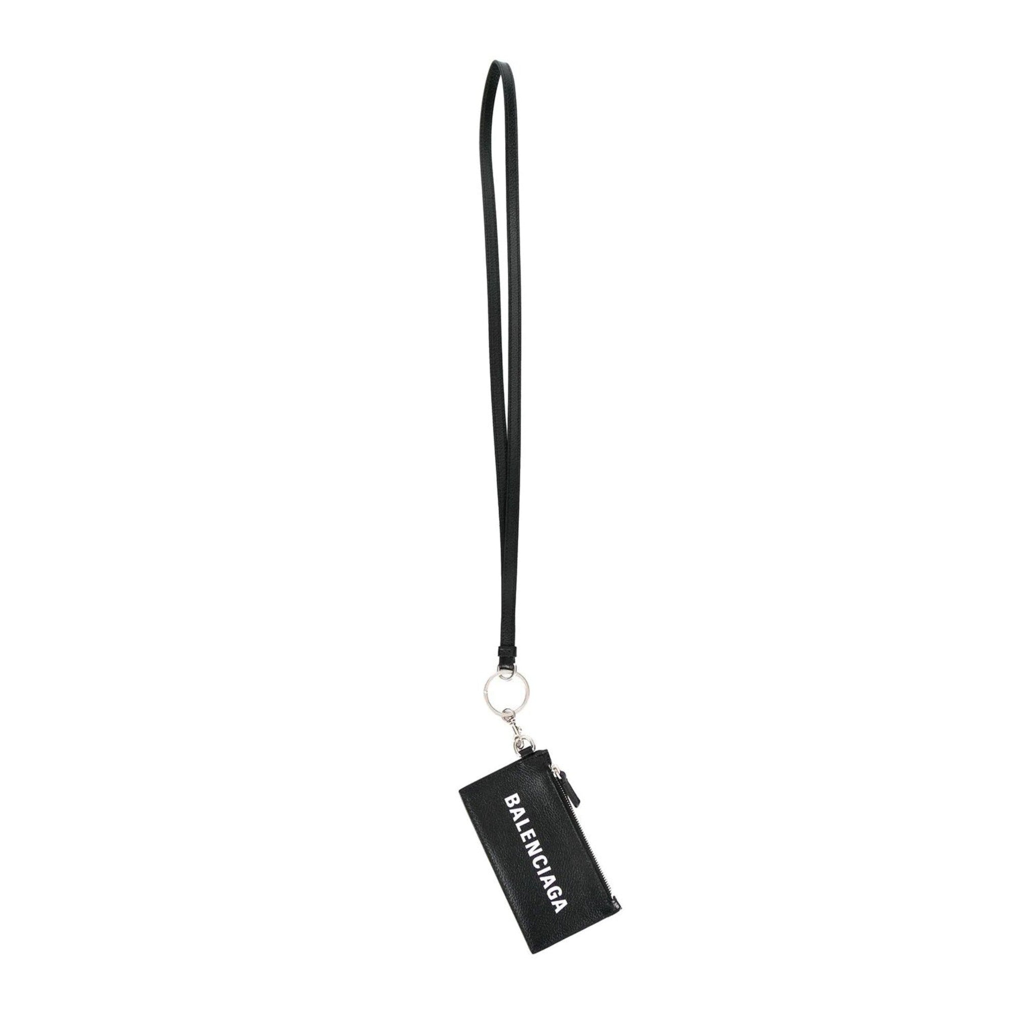 Balenciaga Cash Logo Black Grain Leather Neck Lanyard Card Holder Wallet