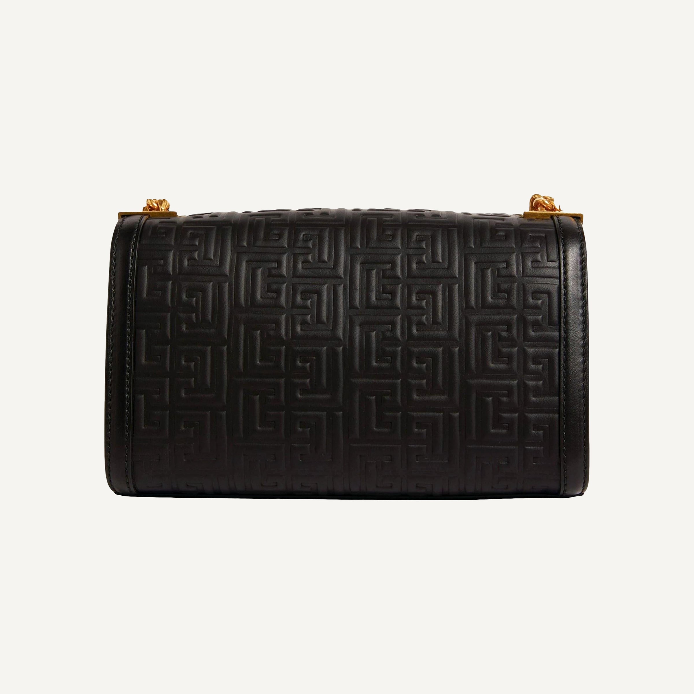 Balmain 1945 Black Leather Embossed Flap Medium Shoulder Bag