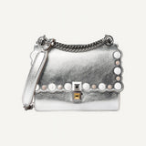 Fendi Kan I Metallic Silver Calfskin Scalloped Studded Handbag