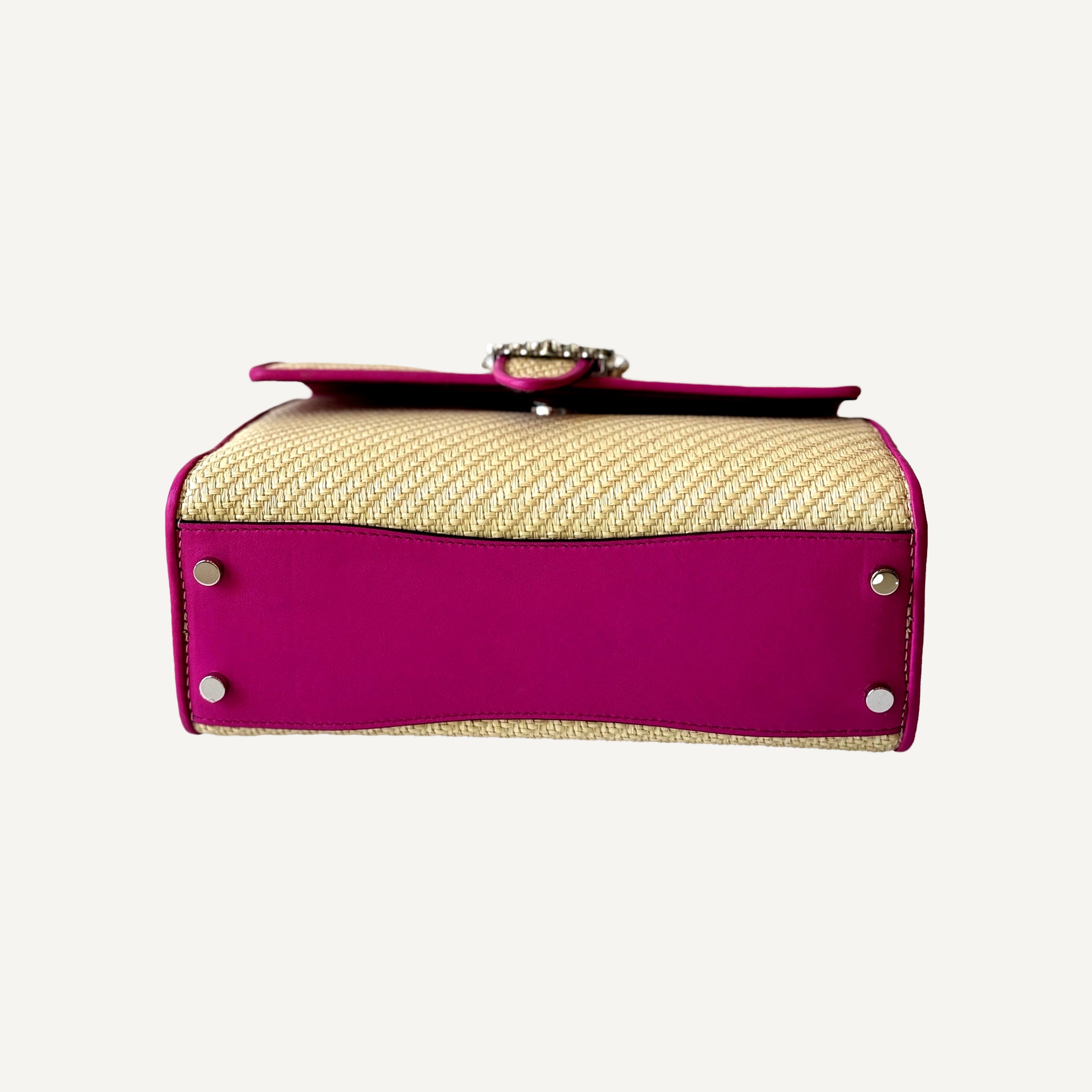 Jimmy Choo Cheri Crystal Medium Top Handle Bag Raffia Pink Leather Trim