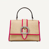 Jimmy Choo Cheri Crystal Medium Top Handle Bag Raffia Pink Leather Trim