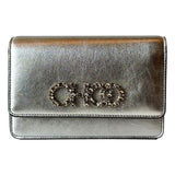 Jimmy Choo Kalina  Crossbody Clutch Bag Crystal Logo Metallic Silver