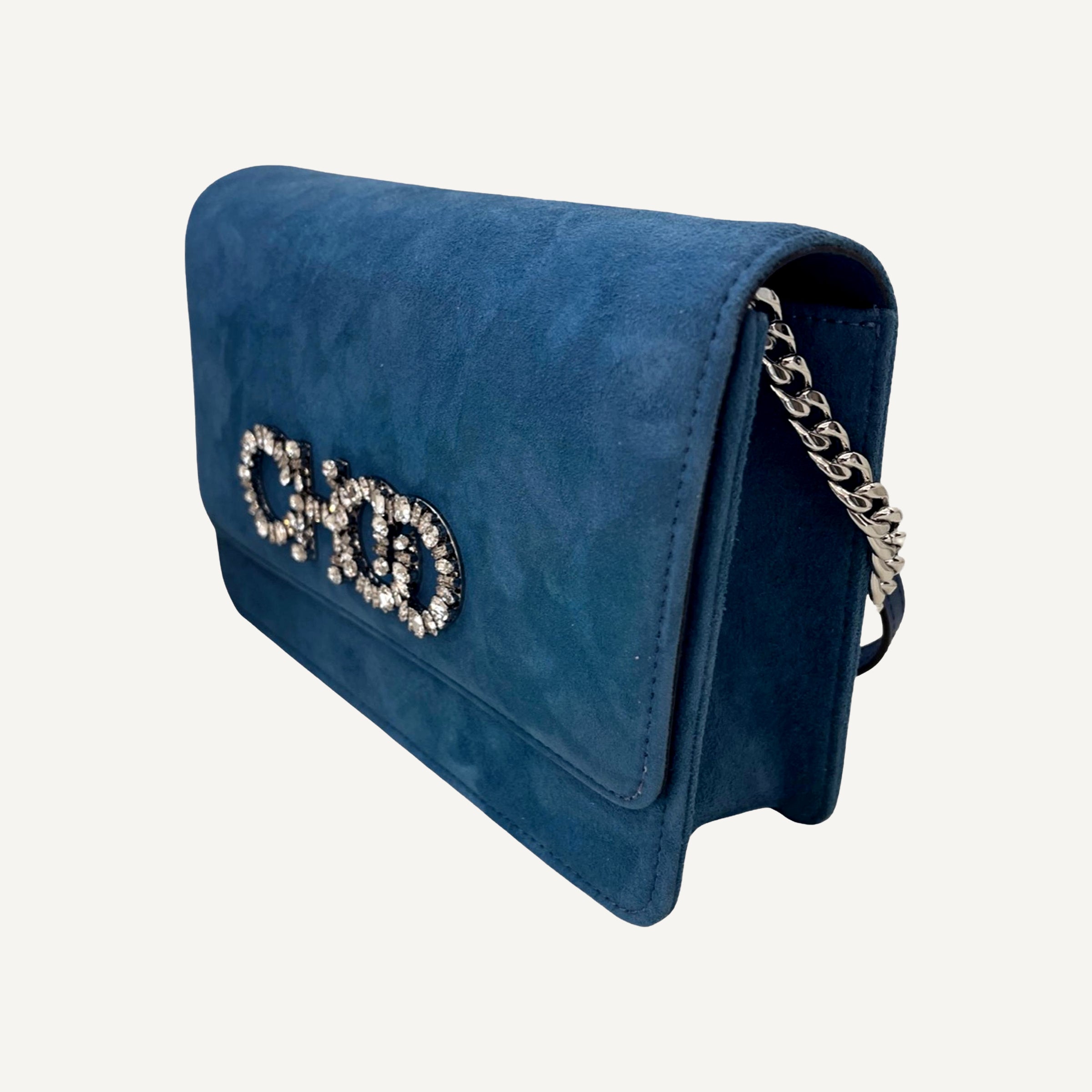 Jimmy Choo Kalina Parrot Blue Suede Chain Wallet