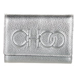 Jimmy Choo Loni Silver Leather Embossed Logo Tri-Fold Card Case Wallet