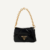 Prada Gold Logo Black Quilted Nappa Patch Leather Small Shoulder Bag