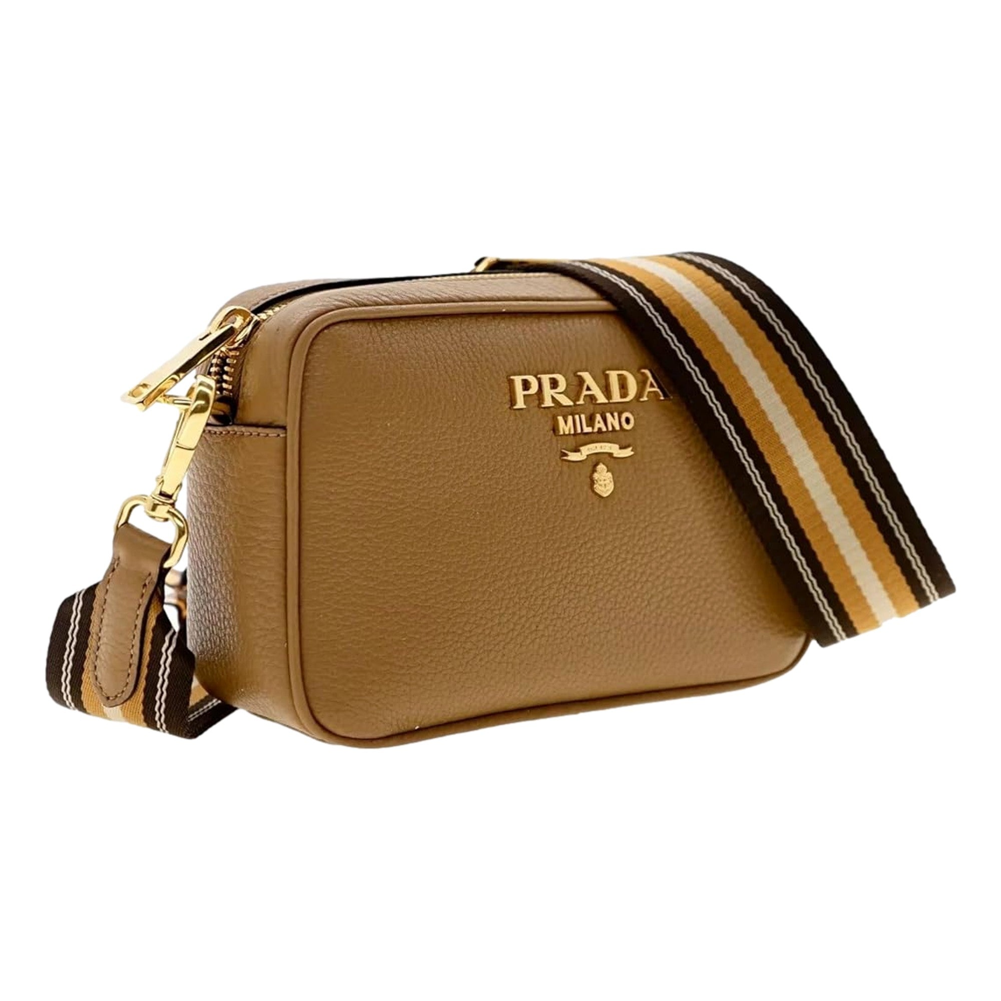 Prada Tan Web Stripe Strap Caramel Leather Crossbody Bag