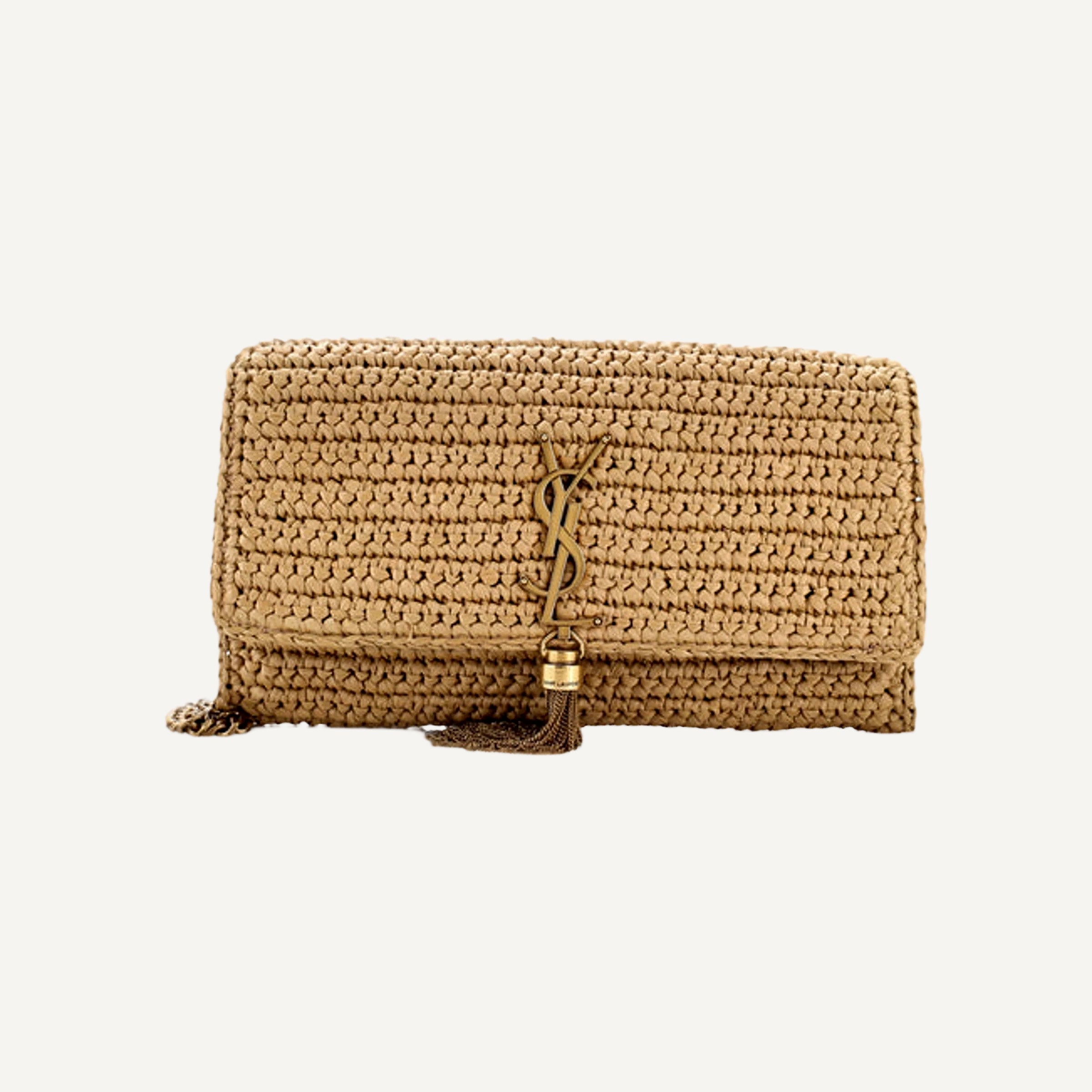 YSL Kate 99 Beige Raffia Woven With Tassel Crossbody Bag