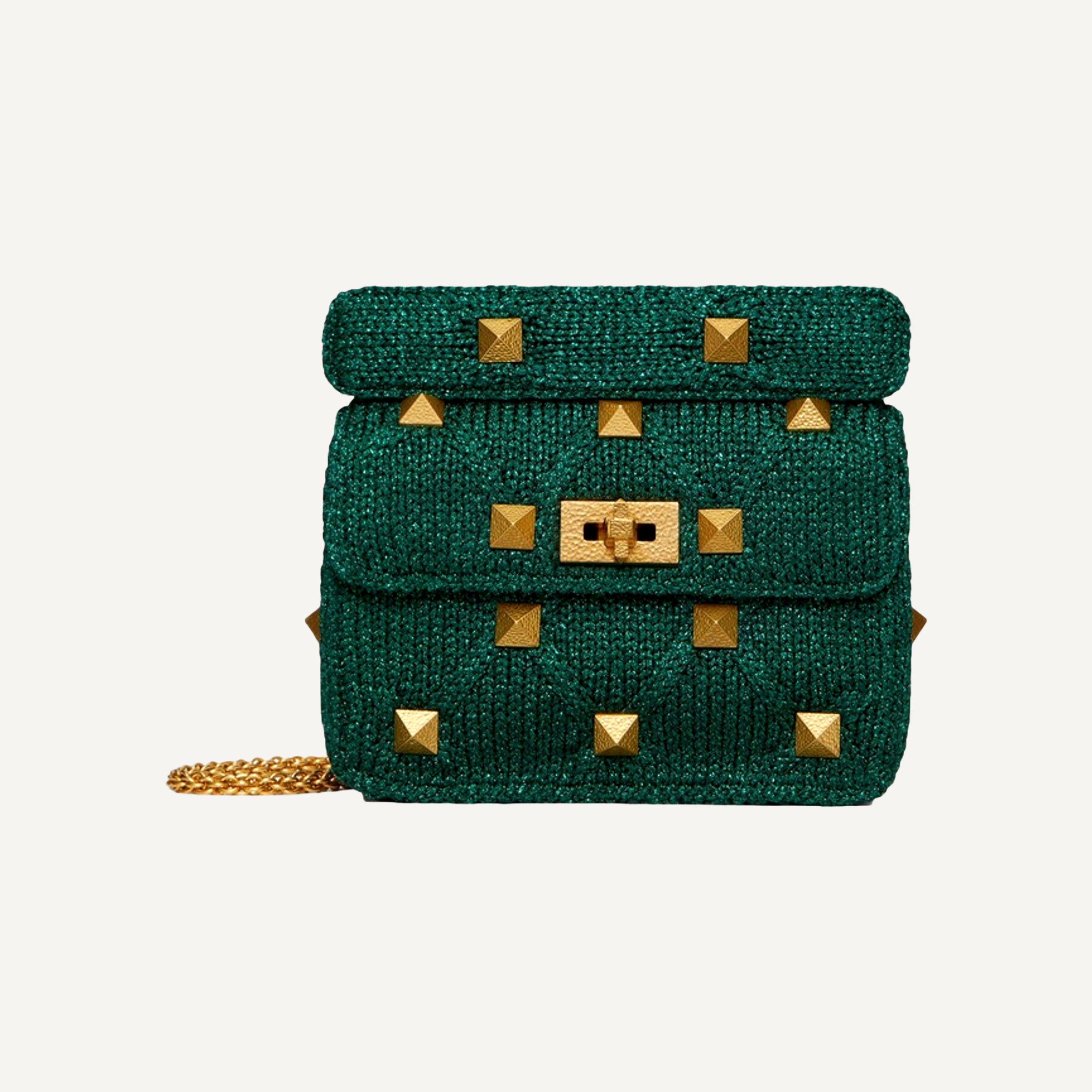 Valentino Roman Stud Metallic Green Lurex Medium Shoulder Bag