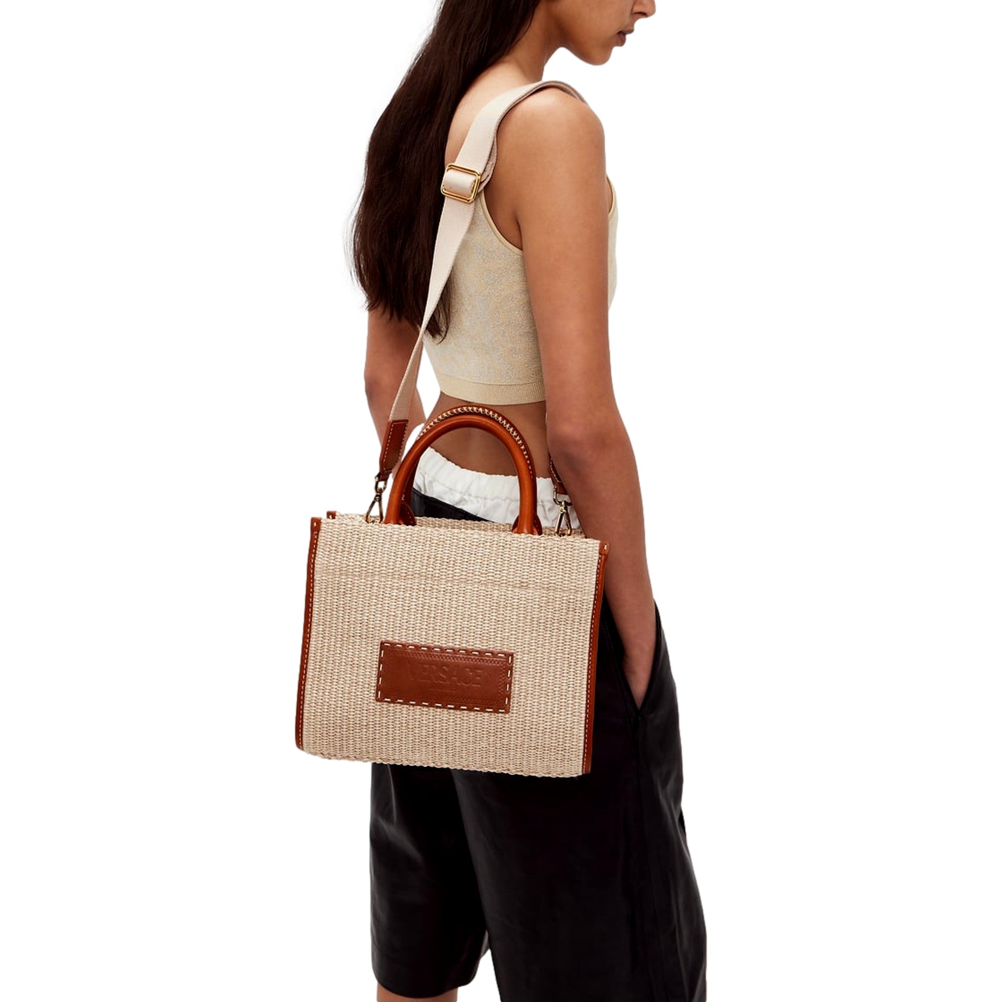 Versace Athena Raffia Leather Beige Small Shopper Tote Bag – Luxina