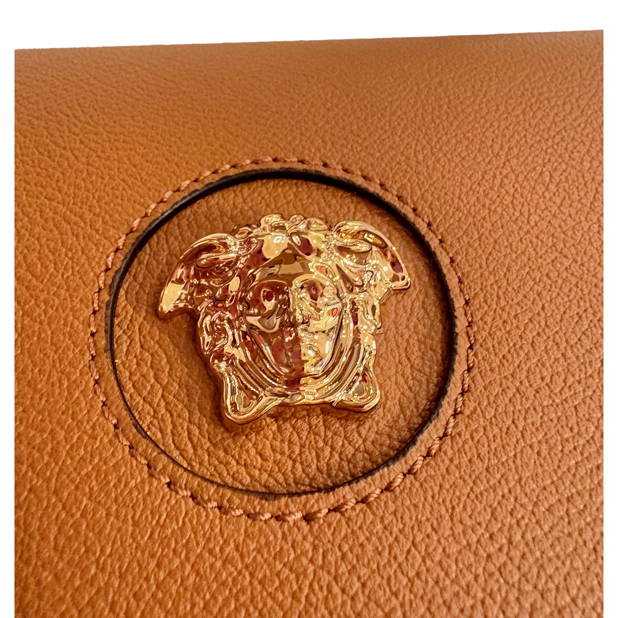 Versace Half-Moon La Medusa Vitello Leather Summer Nude Brown Crossbody Handbag