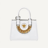 Versace La Medusa Gold Plaque White Leather Small Crossbody Tote Bag