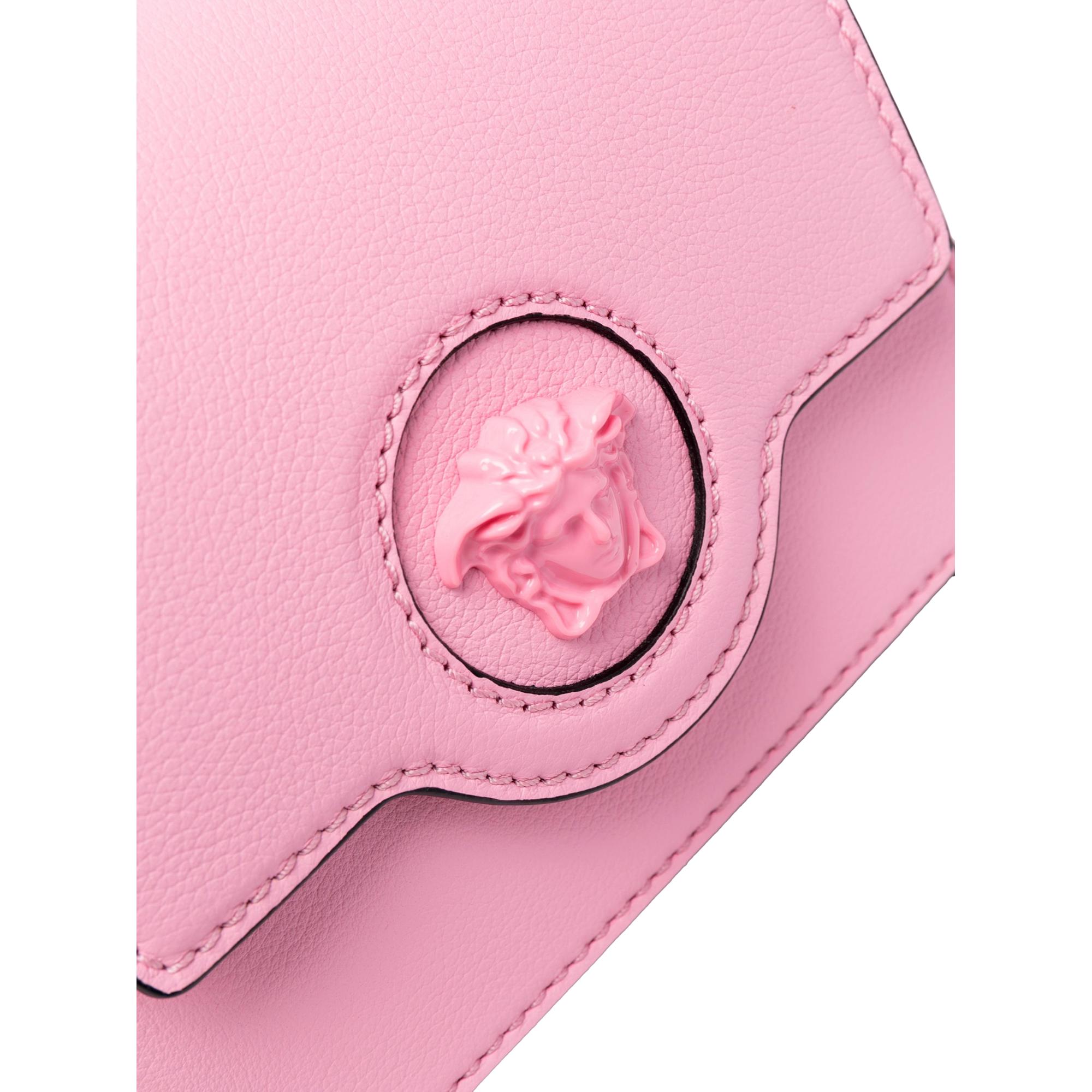 Versace La Medusa Logo Plaque Pink Pebbled Leather Crossbody Bag